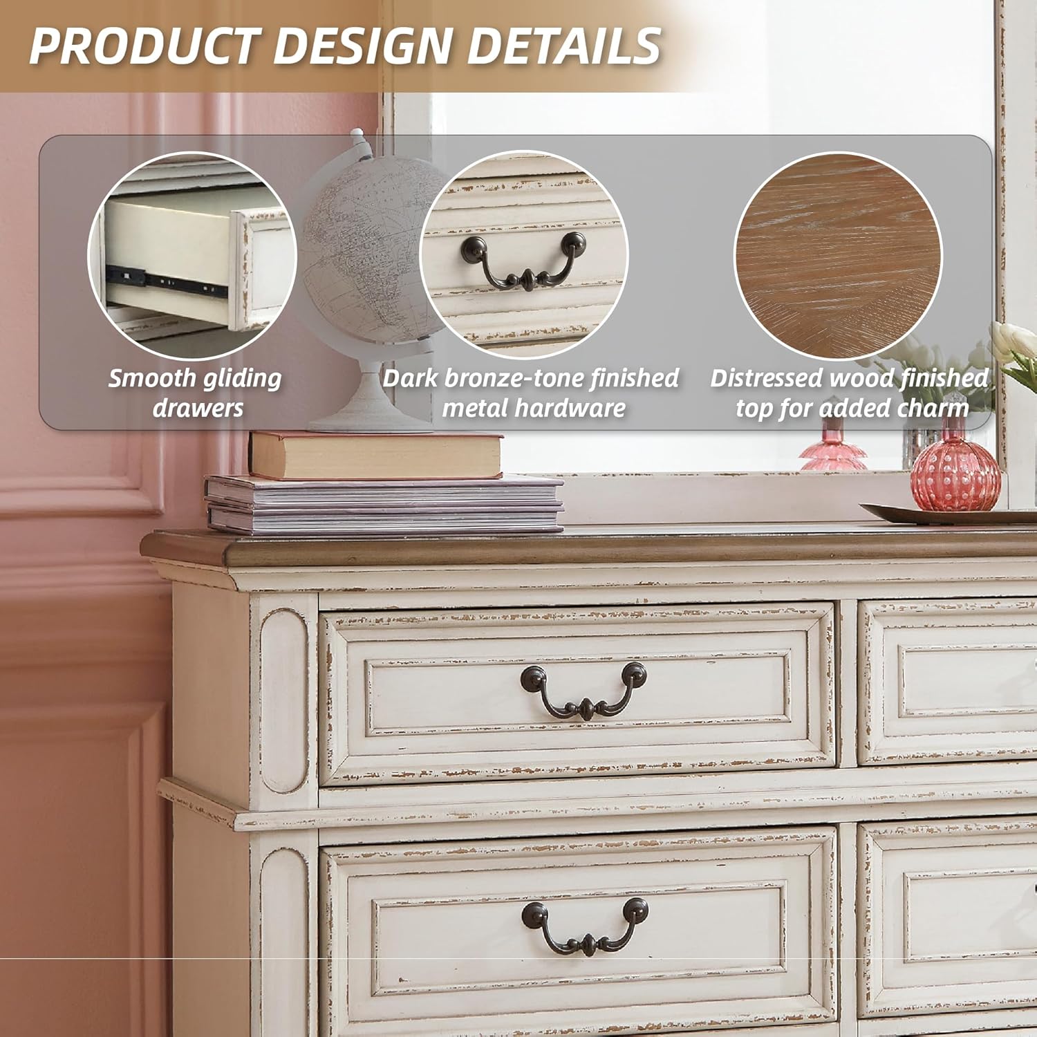 Signature Design by Ashley Realyn Cottage 6-Drawer Dresser and Mirror with Safety Stop and Felt-Lined Top Drawer, White