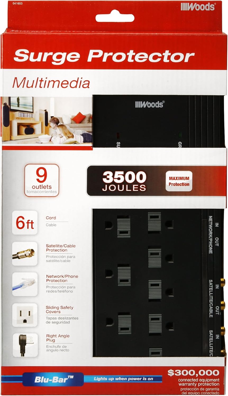 Woods 41653 9-Outlet 3500-Joule Surge Protector with 6-Foot Cord and Phone/Coax Protection, Black