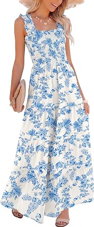 Caracilia Womens Summer Maxi Dresses Floral Smocked Boho Sundress
