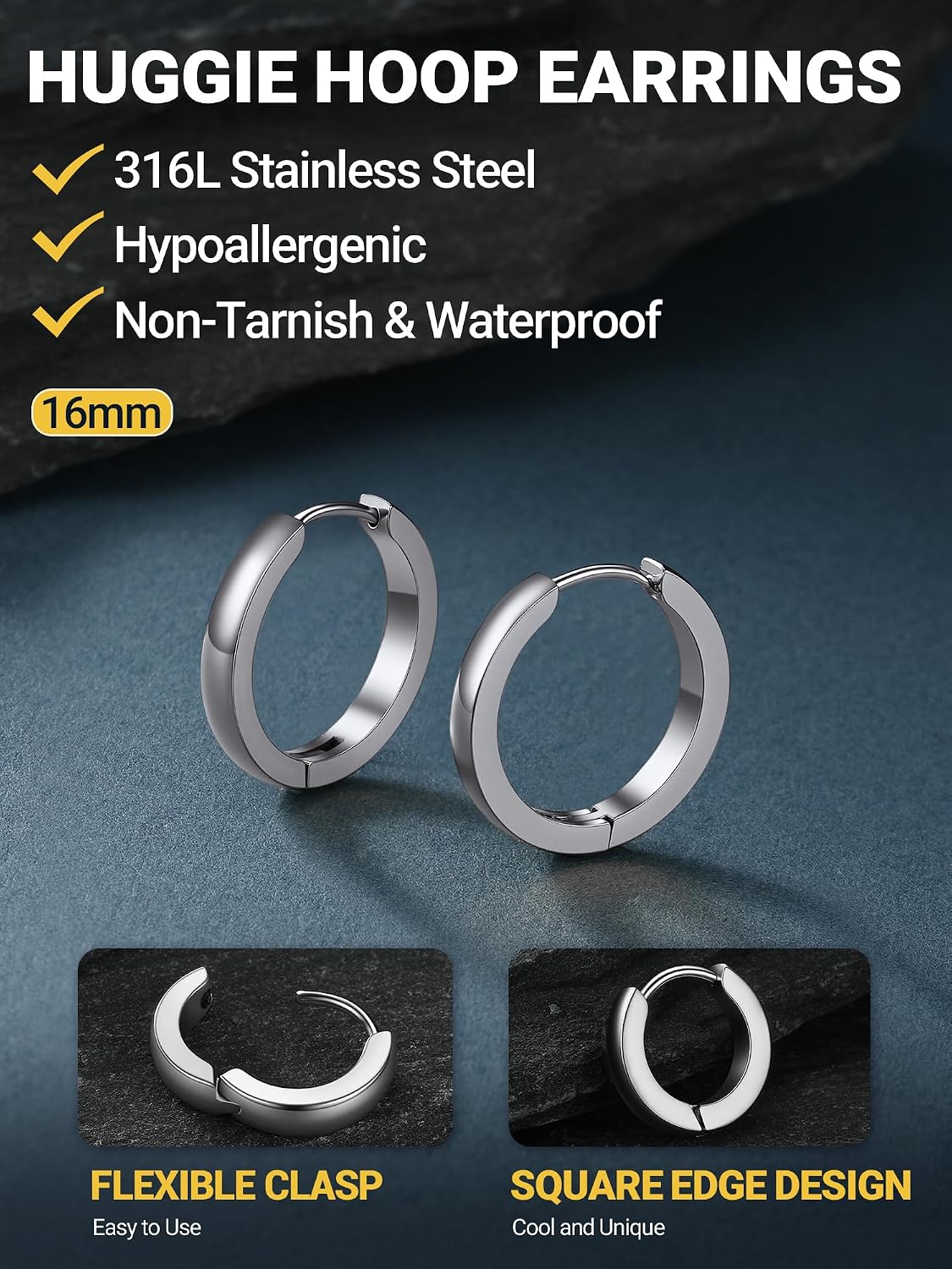 PROSTEEL Hoop Earrings for Men Women Stainless Steel Silver/Black/14K Gold