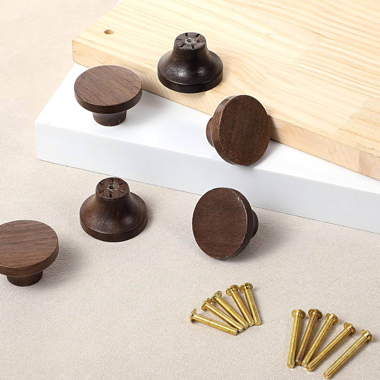 12 Pack Round Wooden Single Hole Drawer Handles, 1.53" Finished Wooden Cabinet Knobs Walnut Kitchen Cabinet Knob 1 Hole Hardware Handles with Screws for Dresser Cabinets,Brown