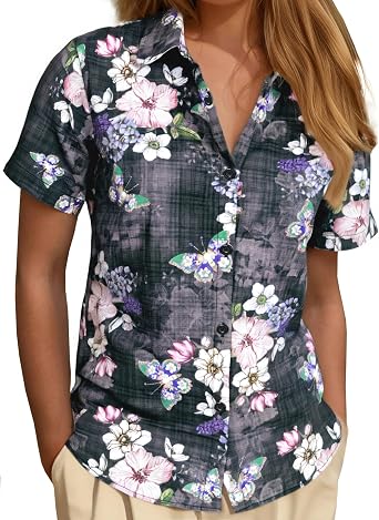 JOGAL Womens Floral Hawaiian Shirts Short Sleeve Button Down Aloha Blouse