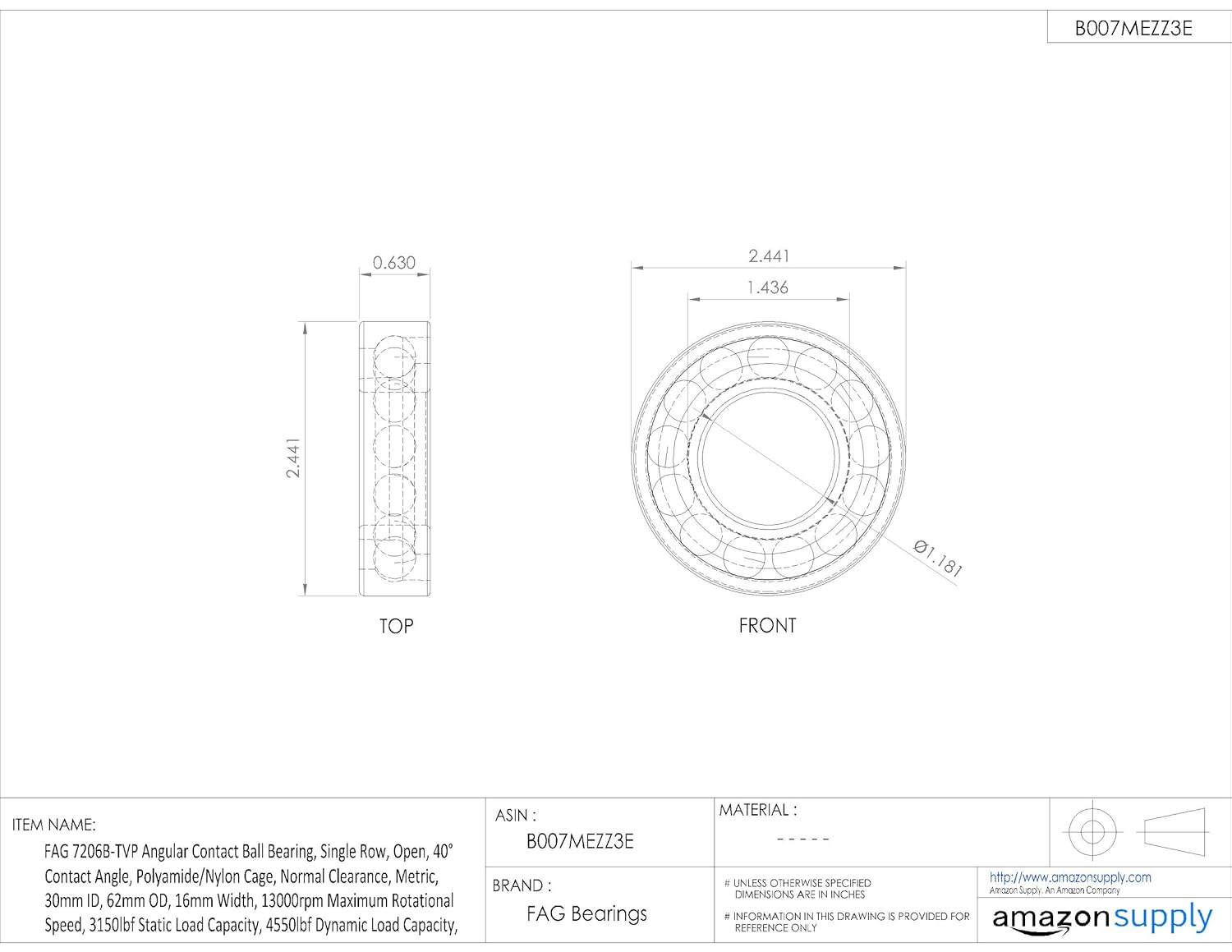 FAG 7206B-TVP Angular Contact Ball Bearing, Single Row, Open, 40° Contact Angle, Polyamide/Nylon Cage, Normal Clearance, Metric, 30mm ID, 62mm OD, 16mm Width, 13000rpm Maximum Rotational Speed, 3150lbf Static Load Capacity, 4550lbf Dynamic Load Capacity,