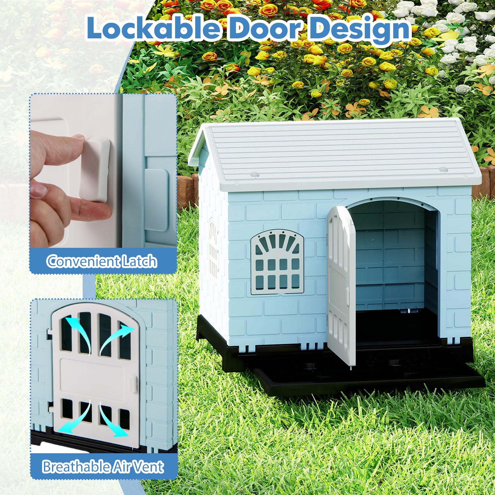 GOPLUS Caseta para Perros de Plástico, Casa para Perro con 3 Ventanas, Puerta con Cerradura, Techo Inclinado, Bandeja Extraíble, Perrera Interior Exterior para Perros Pequeños Medianos Patio (Azul)