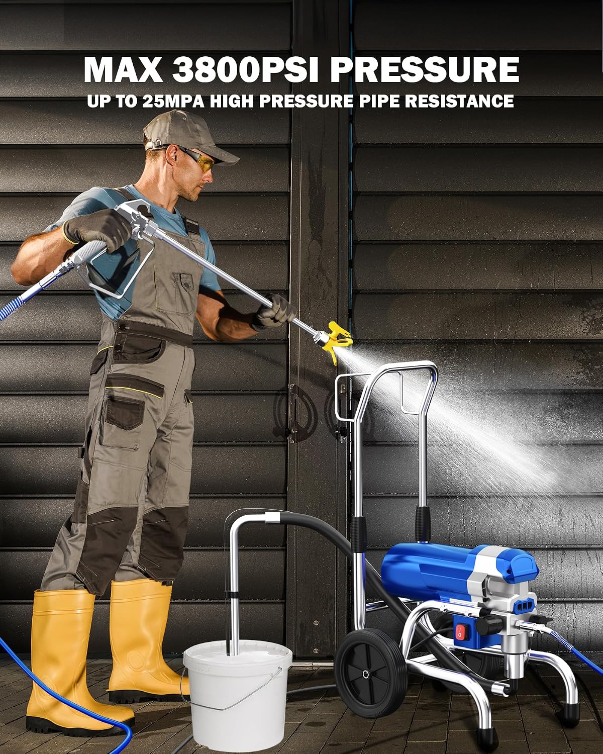 A person operating the POXURIO Airless Paint Sprayer, demonstrating the high-pressure spraying capability.