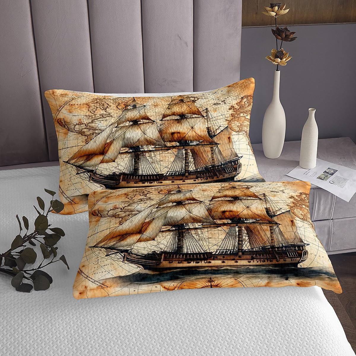 Erosebridal Nautical Coverlet Set Queen Size for Kids Teen Adults,Ocean Sailing Boat Quilt Set Vintage Retro World Map Bedspread Set Sea Adventure Bedding Set