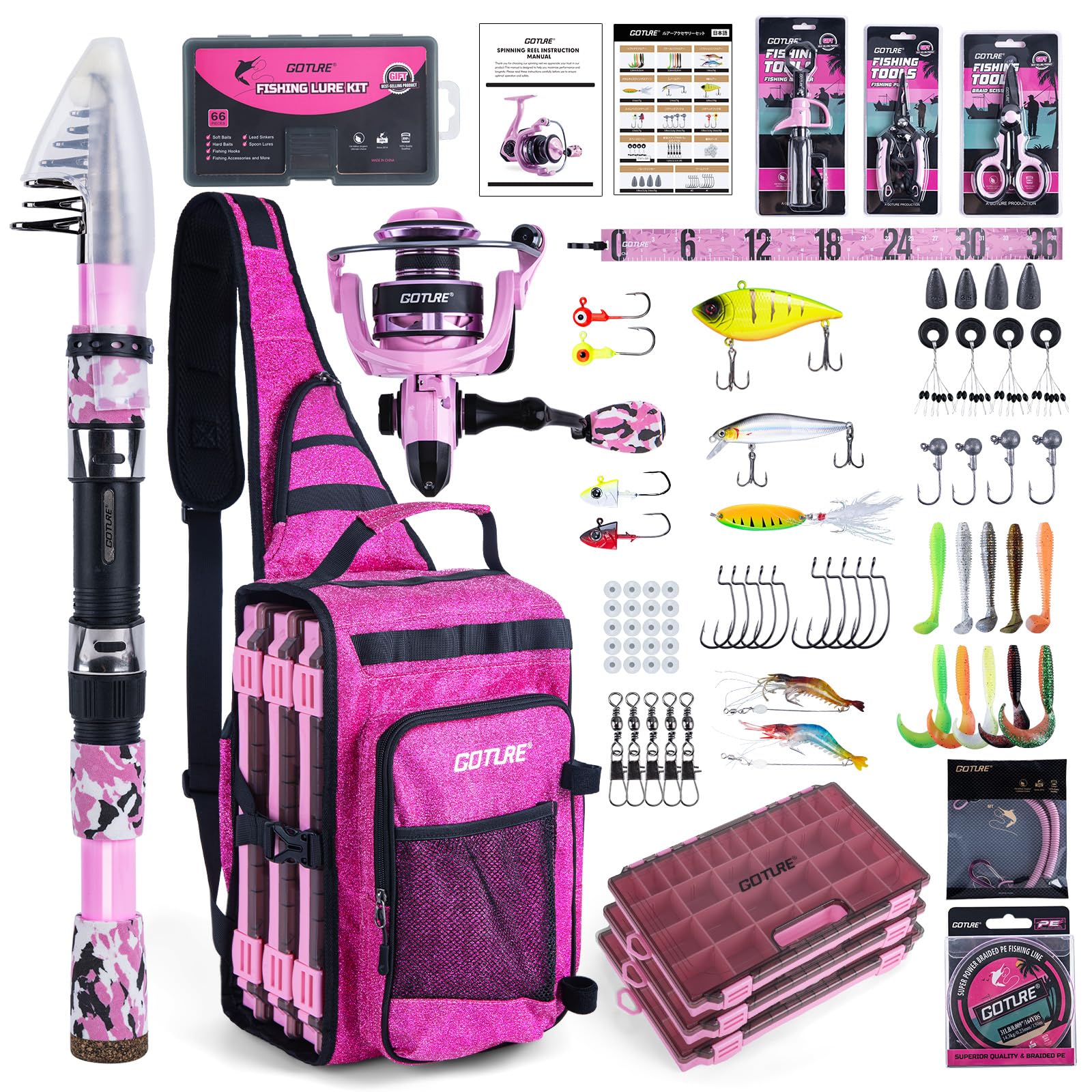 Goture Bling Pink Fishing Rod and Reel Combos with 20L Sling Bag, Telescopic Pole Spinning Reel Lures 3 Tackle Boxes Set, Telescopic Fishing Rod Fishing Kit for Travel Saltwater Freshwater 2.7M A2