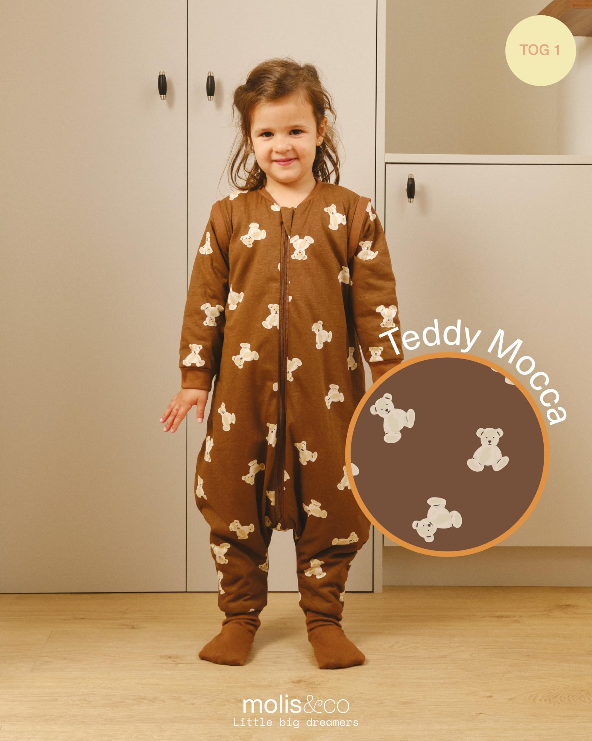 molis&co - Pijama Manta con Mangas Desmontables y Calcetines Antideslizantes - 1.0 TOG - Ideal para Primavera y otoño - 100% algodón (Oeko-Tex 100) (Teddy Mocca, 3 años)
