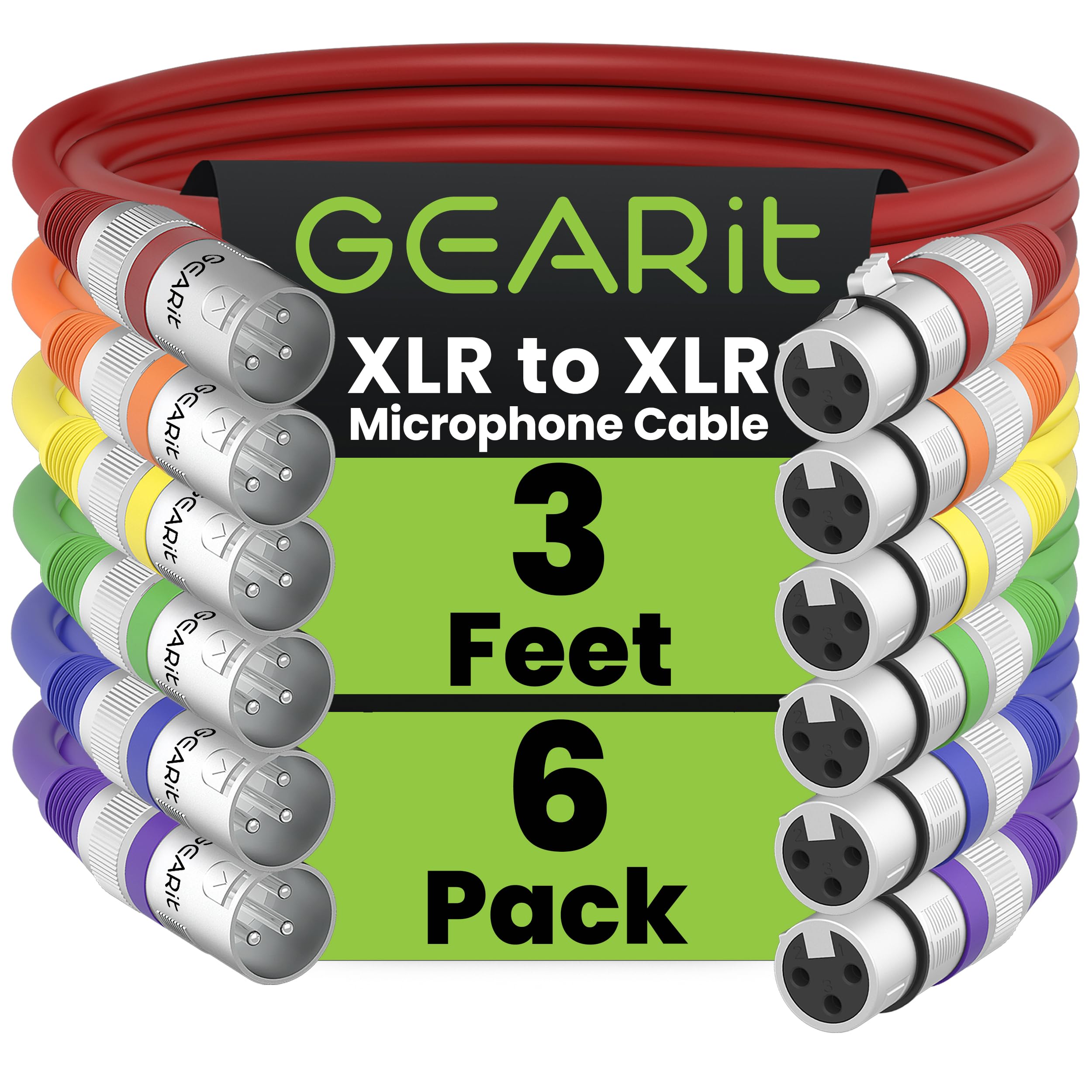 GearIT XLR Microphone Cable (3 Feet, 6 Pack) - Male to Female 3-Pin Balanced Shielded Cable for Mic Mixer, Recording Studio, Podcast - Multi Colored