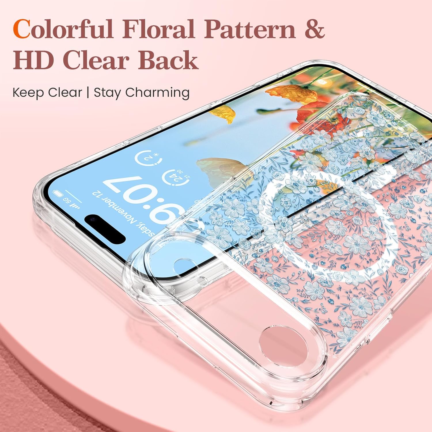 RALEAVO for iPhone Air Case Compatible with MagSafe Clear Floral Pattern Design Cute for Girls Women Slim Magnetic Hard Back Shockproof Phone Case for iPhone Air,Blue Flowers - Image 2
