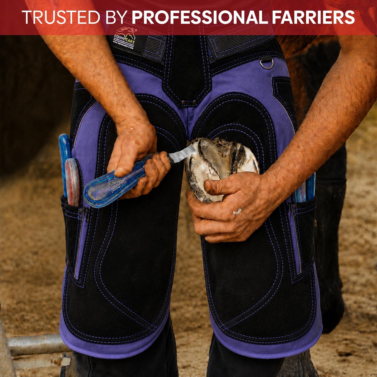 Equine Care Farrier - Chaparreras para delantal, 58,4 cm y 63,5 cm, piel de ante y lona, 4 bolsillos, 2 imanes, herradura de caballo y recorte de pezuñas, azul/negro, 23 pulgadas de longitud