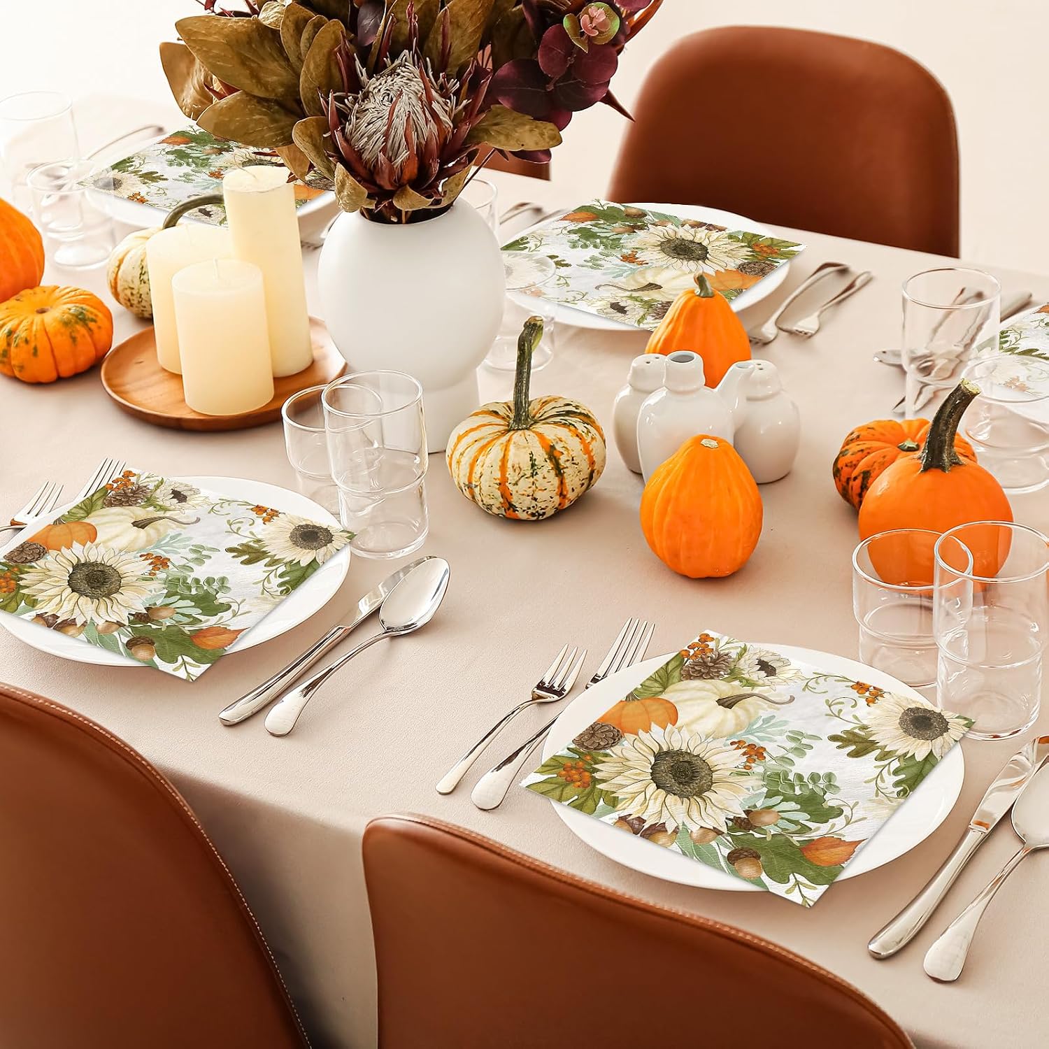 AnyDesign 80Pcs Fall Paper Napkins Watercolor Pumpkin Sunflower Disposable Luncheon Napkins Autumn Dessert Dinner Hand Napkin for Thanksgiving Harvest Wedding Birthday Party Supplies Table Decor