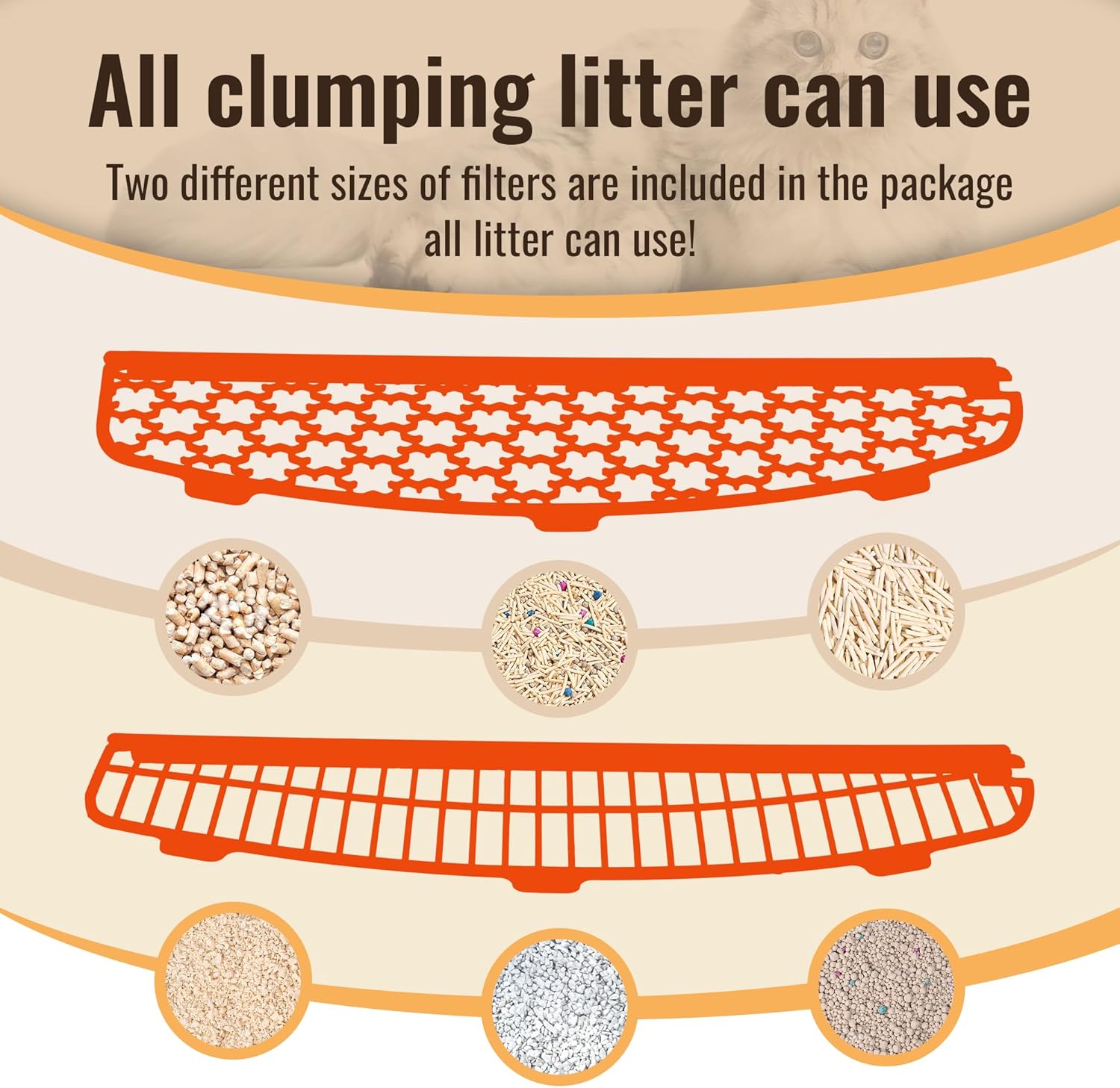 Diagram showing two different filter screens for the ZeaCotio ZS-02 litter box, compatible with various clumping litter types including plant-based, bentonite, and tofu litter.
