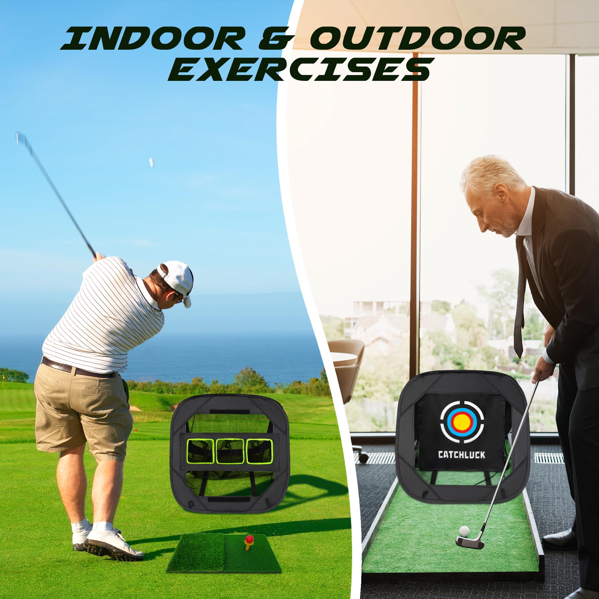 Red de práctica de astillado de golf, red emergente, equipo de entrenamiento para interiores y exteriores, con alfombrilla de golpeo y 12 pelotas de golf de espuma, color negro