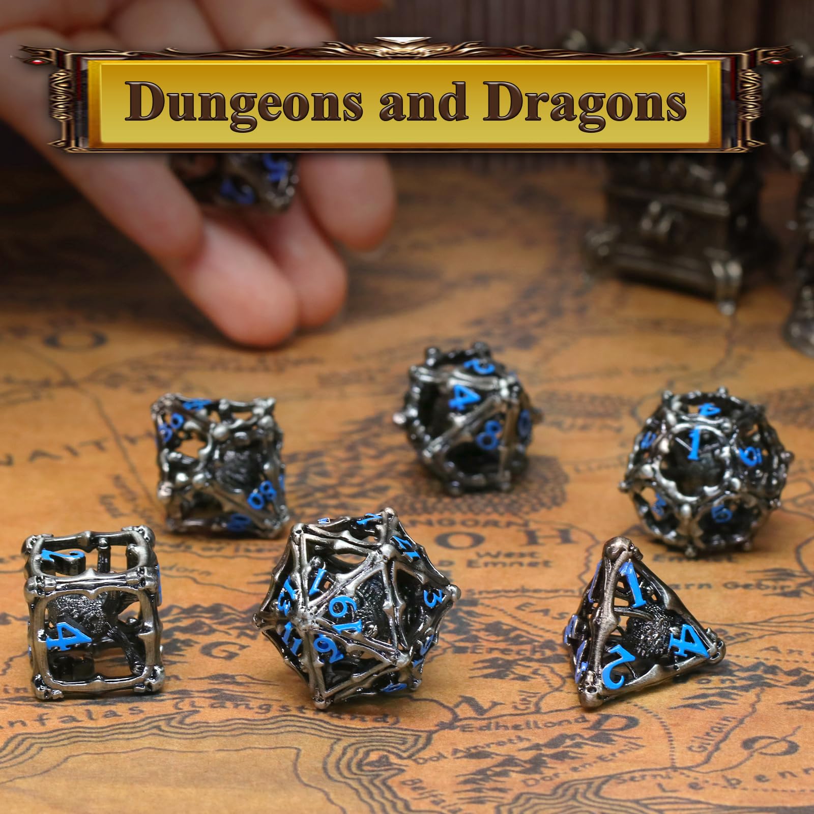 Beholder - Juego de dados DND, dados de metal de monstruo de ojos, ZHOORQI 7 piezas por juego de dados poliédricos para dados de mazmorras y dragones, dados RPG, dados de regalo D&D (ojo azul) — view 2