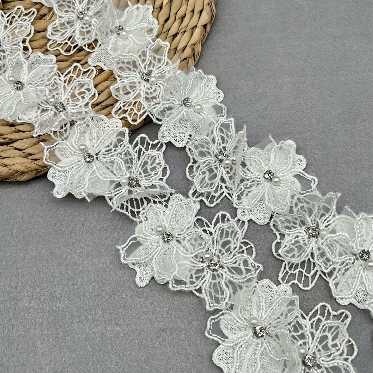 2 Yards Flower Pearl Lace Edging Trim Ribbon 8cm Width Trimmings Fabric Embroidered Applique Sewing Craft Wedding Bridal Dress Embellishment Party Decoration-White โ image 1