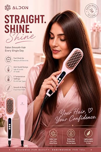 Aldon Hair Straightener Brush for Women | Daily Use Hair Straightening Brush | 30 Sec Fast Heating | Adjustable Heat 100–2...