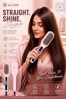 Aldon Hair Straightener Brush for Women | Daily Use Hair Straightening Brush | 30 Sec Fast Heating | Adjustable Heat 100–200°C with Temperature Control & LED Display | Anti-Scald Design & Auto Shut-Off | Safe for Natural & Coloured Hair | 6 Ft Swivel Cord | Straight Hair in 5 Minutes
