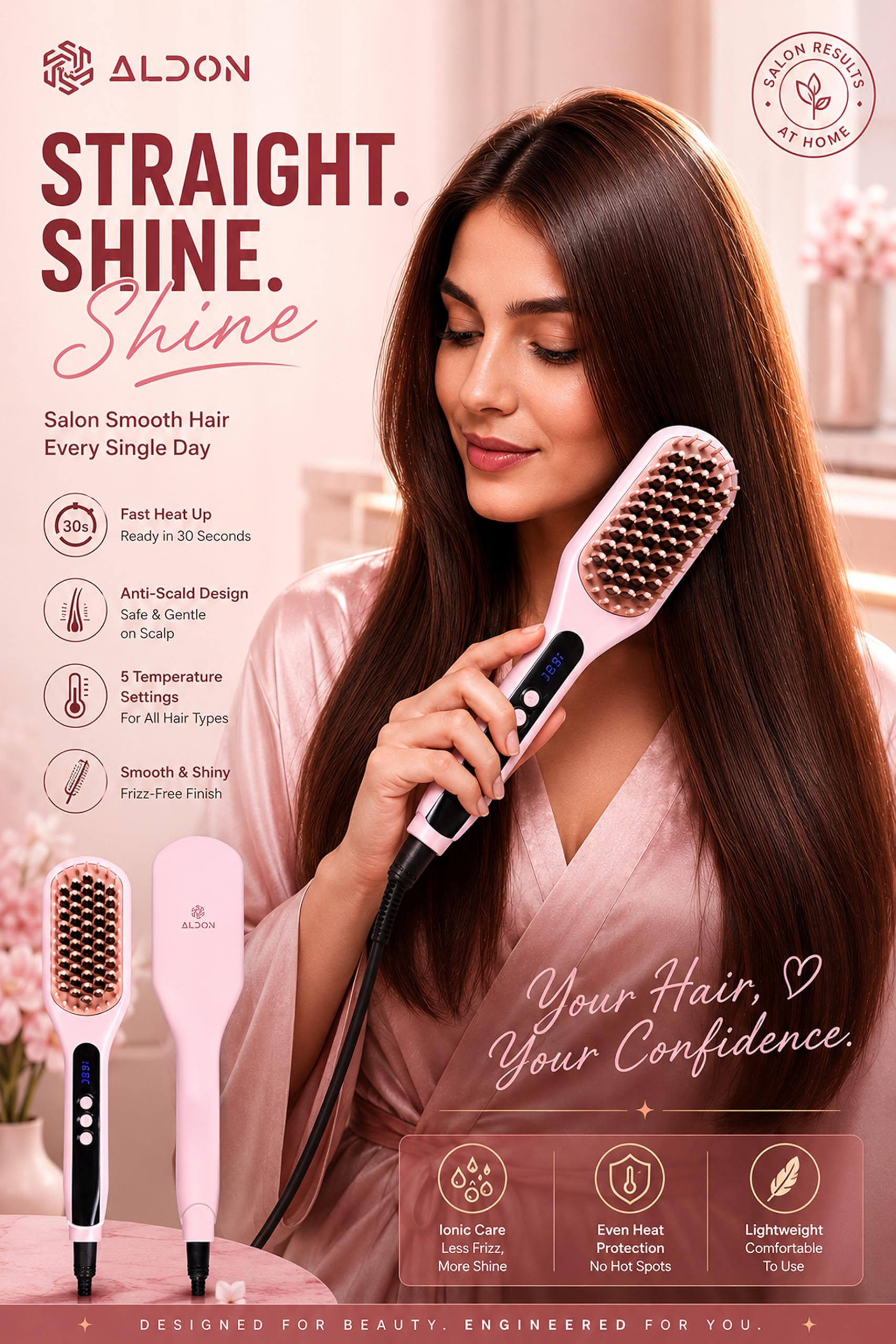 Aldon Daily Hair Straightening Brush | Blush Pink – Saloon Smooth Anti-Scald Ceramic Straightening Bristles | Adjustable 100–200 °C Heat | LED Temp Display | Fast Heating, Smooth, Frizz-Controlled Finish |60-Min Auto-Off-picture-52