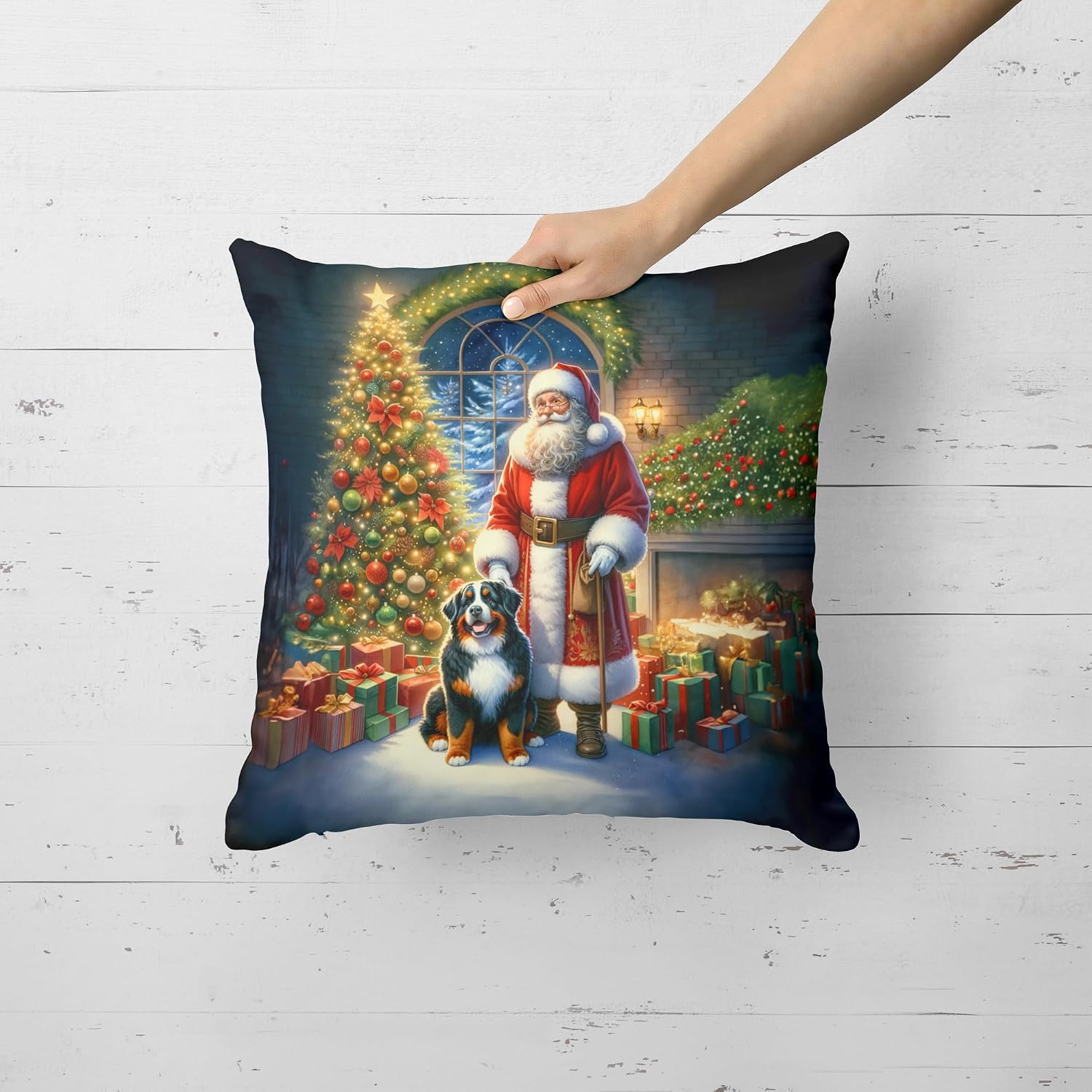 Caroline's Treasures Bernese Mountain Dog and Santa Claus Throw Pillow Machine Washable, Indoor Outdoor Decorative Pillow for Couch, Bed or Patio, 18Hx18W