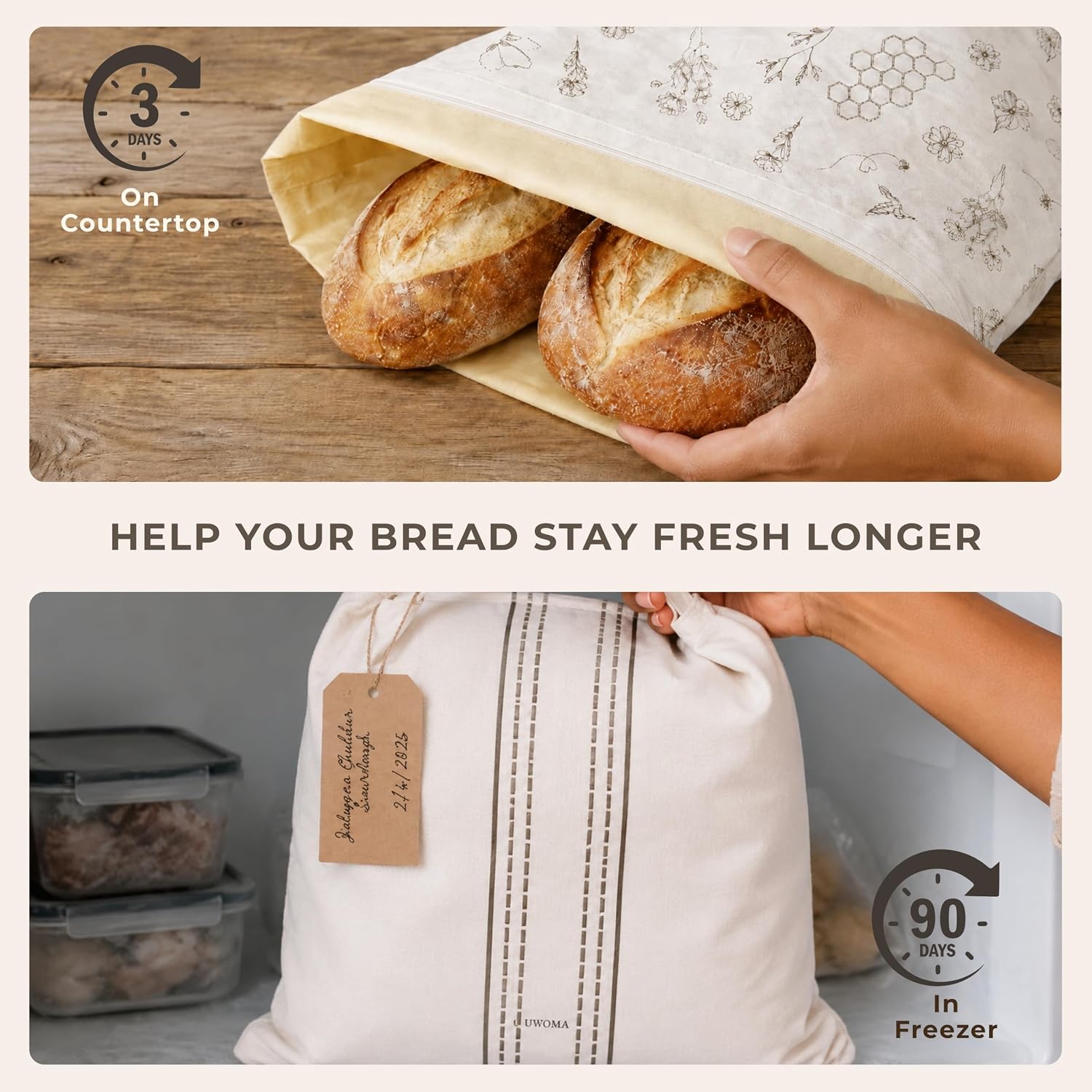 Beeswax Bread Bags for Sourdough 2 Packs, Reusable Bread Bag for Homemade Bread, Sourdough Bread Bags with Zipper, XL Homemade Bread Storage Bags with Label Tags, Food Storage Container for Sourdough