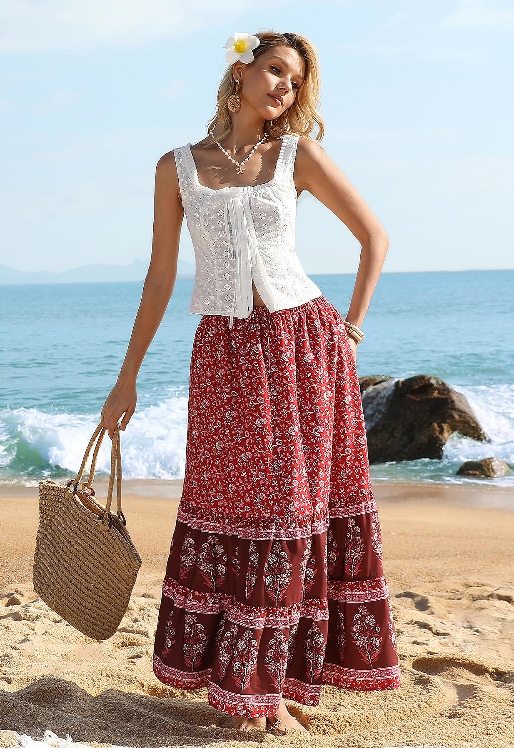 Kate Kasin Women Summer Boho Maxi Skirt, Floral Flowy Long Skirts, Trendy Beach Vacation Outfit with Pockets 2026