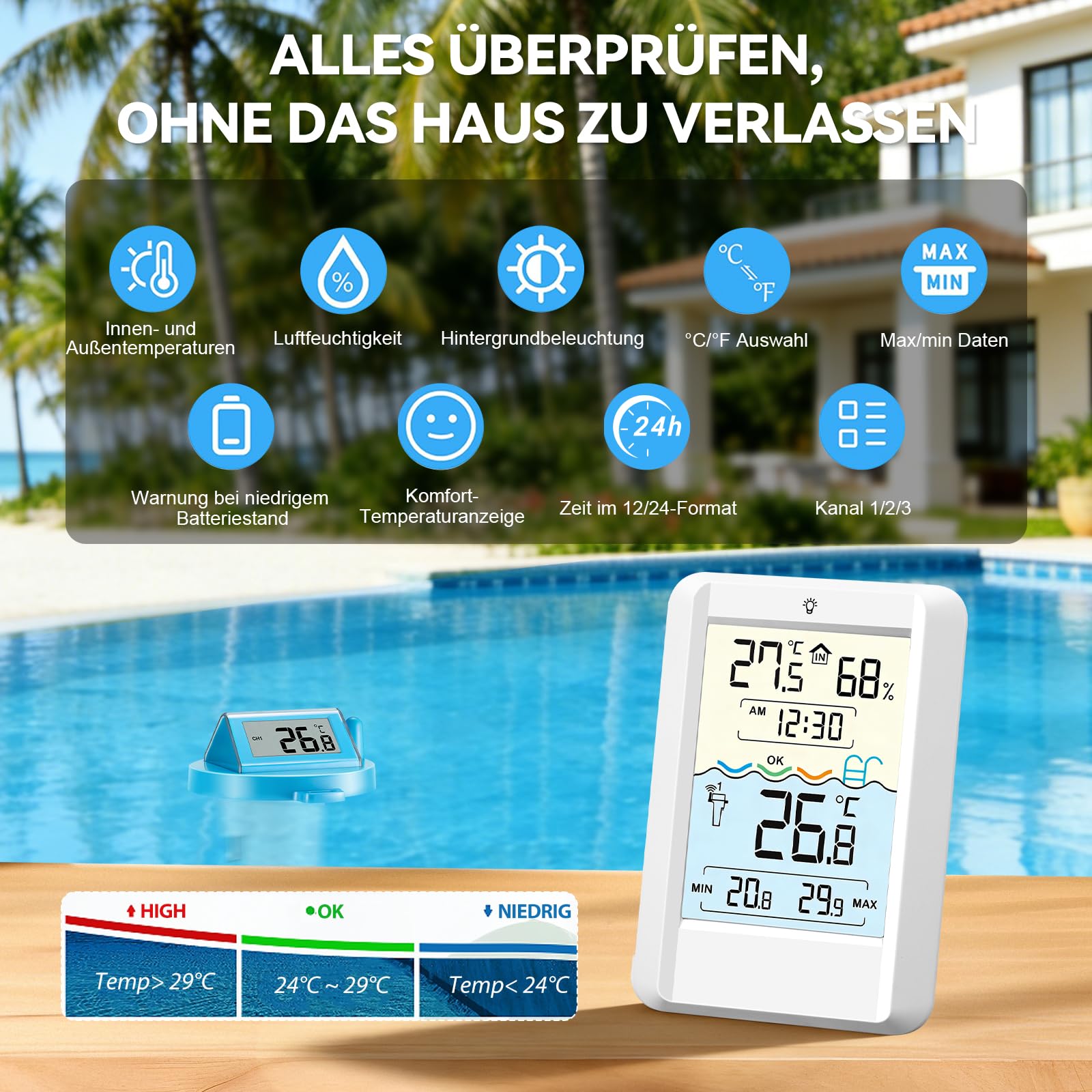 Warmfay Termometro digitale per piscina, funzionamento a energia solare e batteria, IP68, impermeabile con ricevitore fino a 70 m, termometro radio per piscina, vasca da bagno, stagno spa