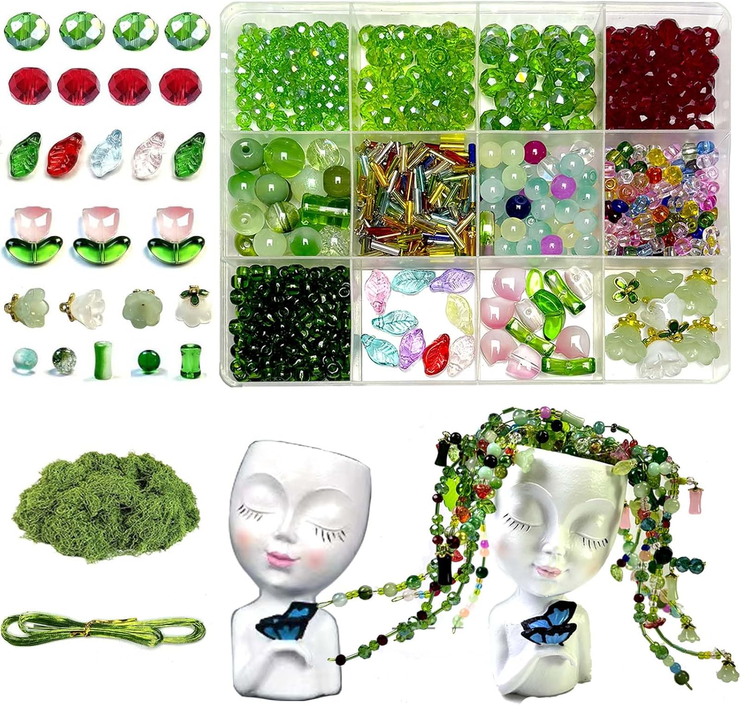 1958pcs Glass Beads Plant Kit with Face-Shaped Pot, Green Glass Beads Kit for Beaded Plant Jewelry Making and DIY Crafts, 4-10mm Multi-Type - Round Faceted Leaf Flower Seed Bamboo