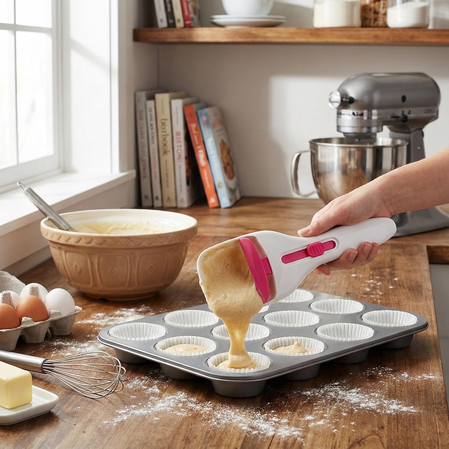 Cupcake Batter Scoop Dispenser with Small Nylon Cleaning Brush, One Button Portion Control Baking Spoon for Pancakes Cake Mix, ABS Handle 7.7 in Drip Free Kitchen Tool Set
