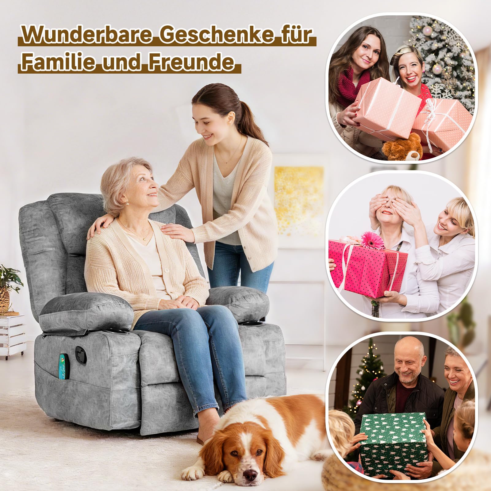 HAUSPROFI Fernsehsessel mit Wärme und Massage, Relaxsessel mit Liegefunktion, TV Sessel Wohnzimmer 360° Drehbarer mit 6 Seitentaschen Getränkehalter, Elektrisch Verstellbar Massagesessel, Grau