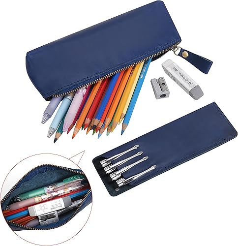 Miniatura 5 de WONDERPOOL Estuche para bolígrafo, 2 unidades, de cuero genuino, soporte para rotuladores de lápiz estilográfica, bolsa de papelería compacta