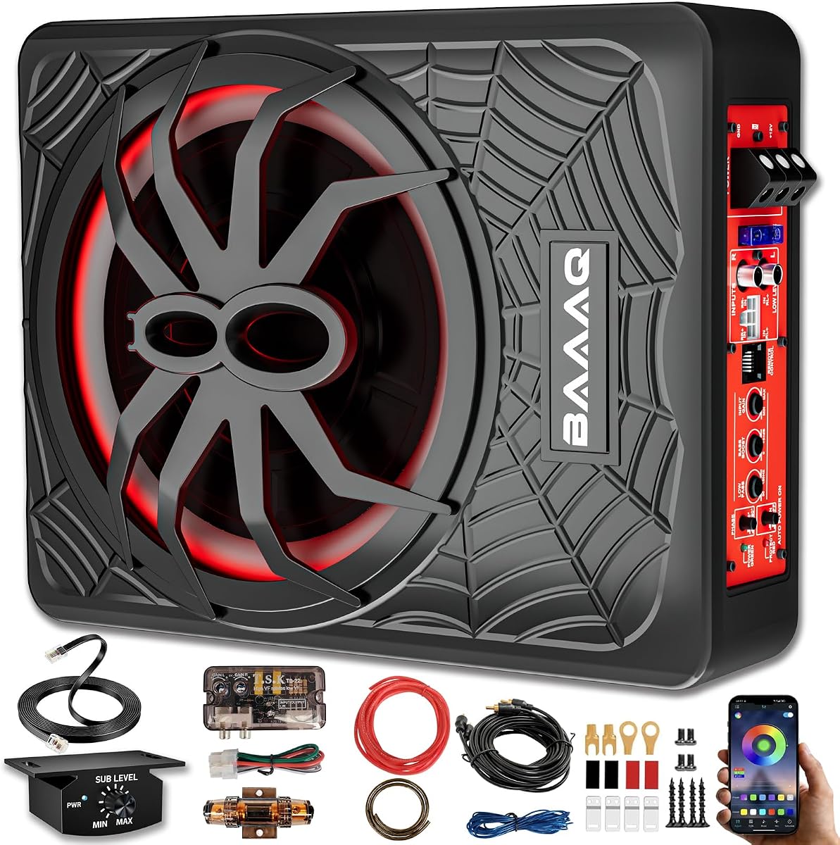 Powered Underseat Subwoofer Amp – RGB, fits Car/Truck, 10" 1200W | Slim powered sub and amp combo for car or truck. Adjustable bass boost, gain & low pass. Beat-synced RGB lighting.