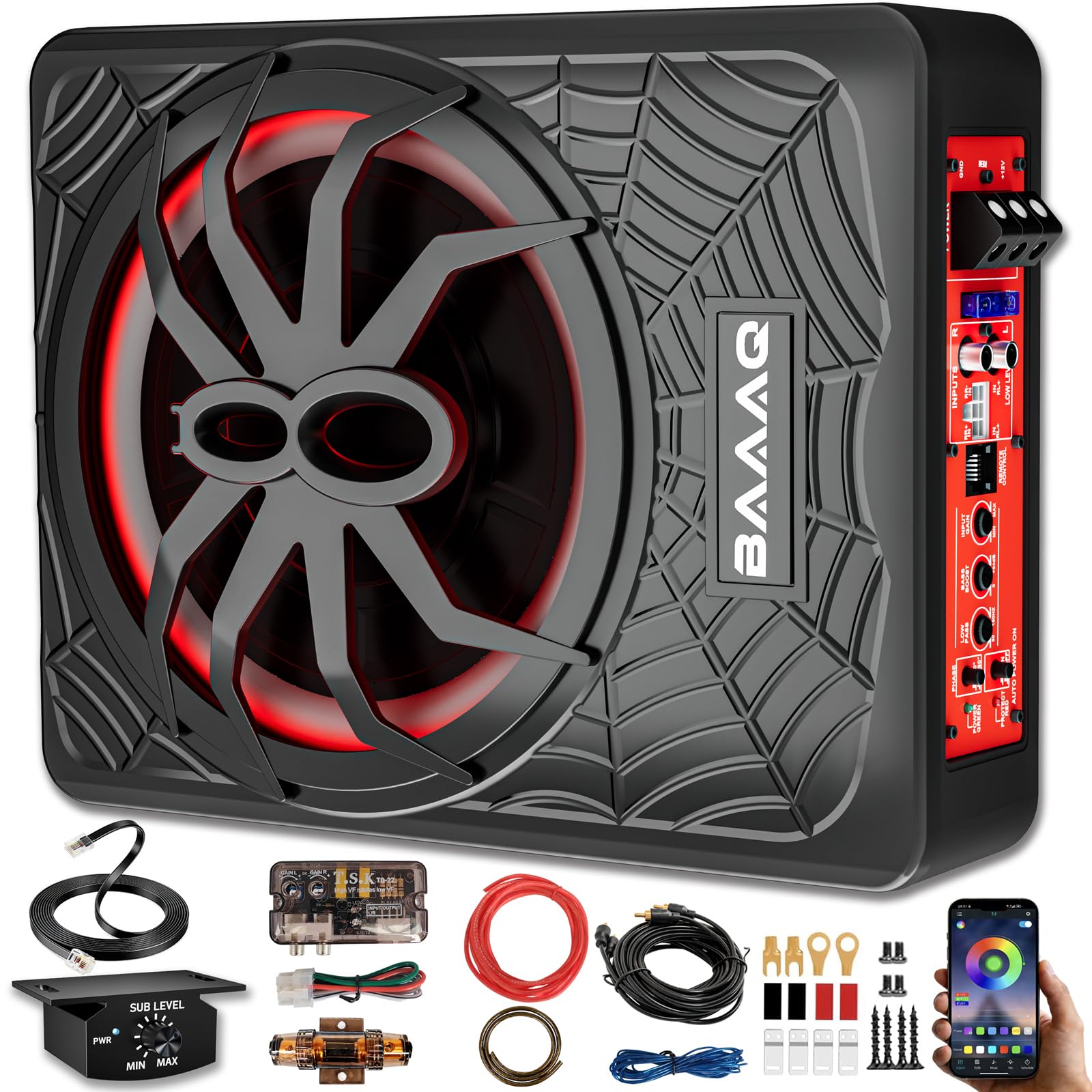 Baaaq Powered Underseat Subwoofer Amp – RGB, fits Car/Truck, 10" 1200W