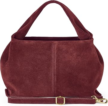 Italian Genuine Suede Shoulder Bag for Women with Sculpted Top Handle & Detachable Strap | Medium Designer Handbag Burgundy