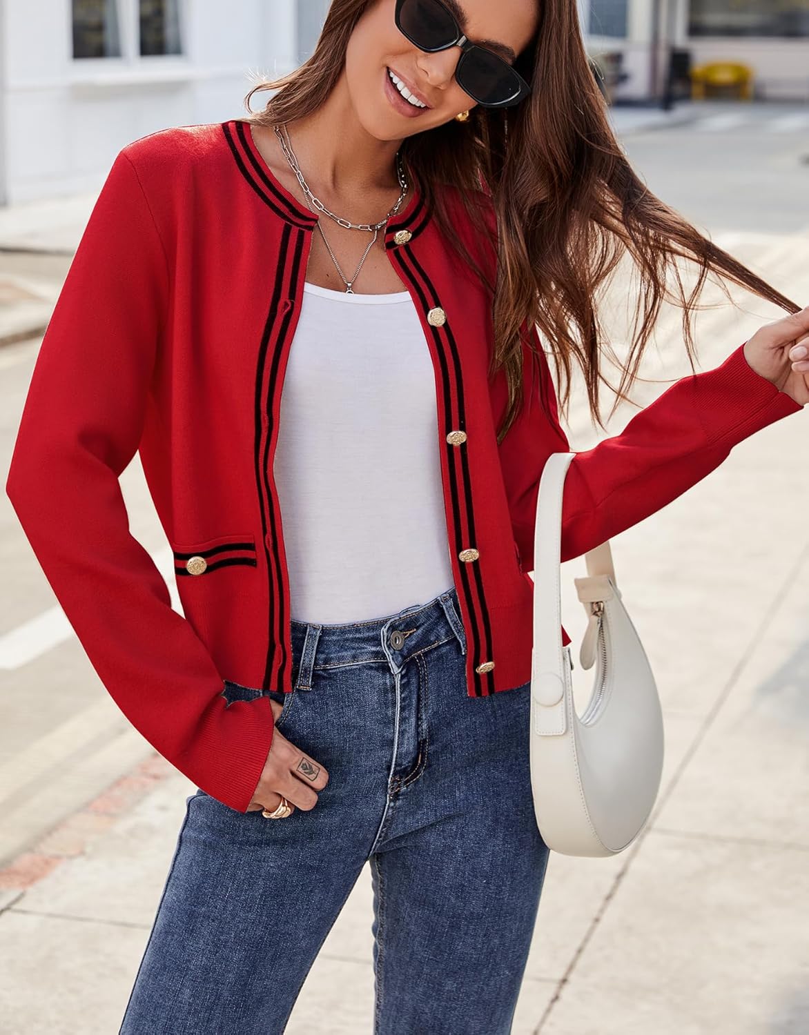 Ladyful Cropped Cardigan Sweater for Women Open Front Knit Tweed Jacket Button Down Fall Work Sweater Top - Image 3