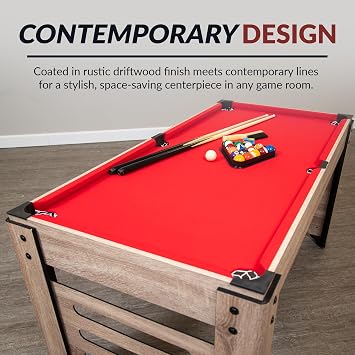 Hathaway Madison 54-in 6-in-1 Multi Game Table for Gameroom Billiards with Glide Hockey, Ping Pong, Shuffleboard, Bowling, and Foosball Table Toppers Driftwood Finish, Complete Accessories