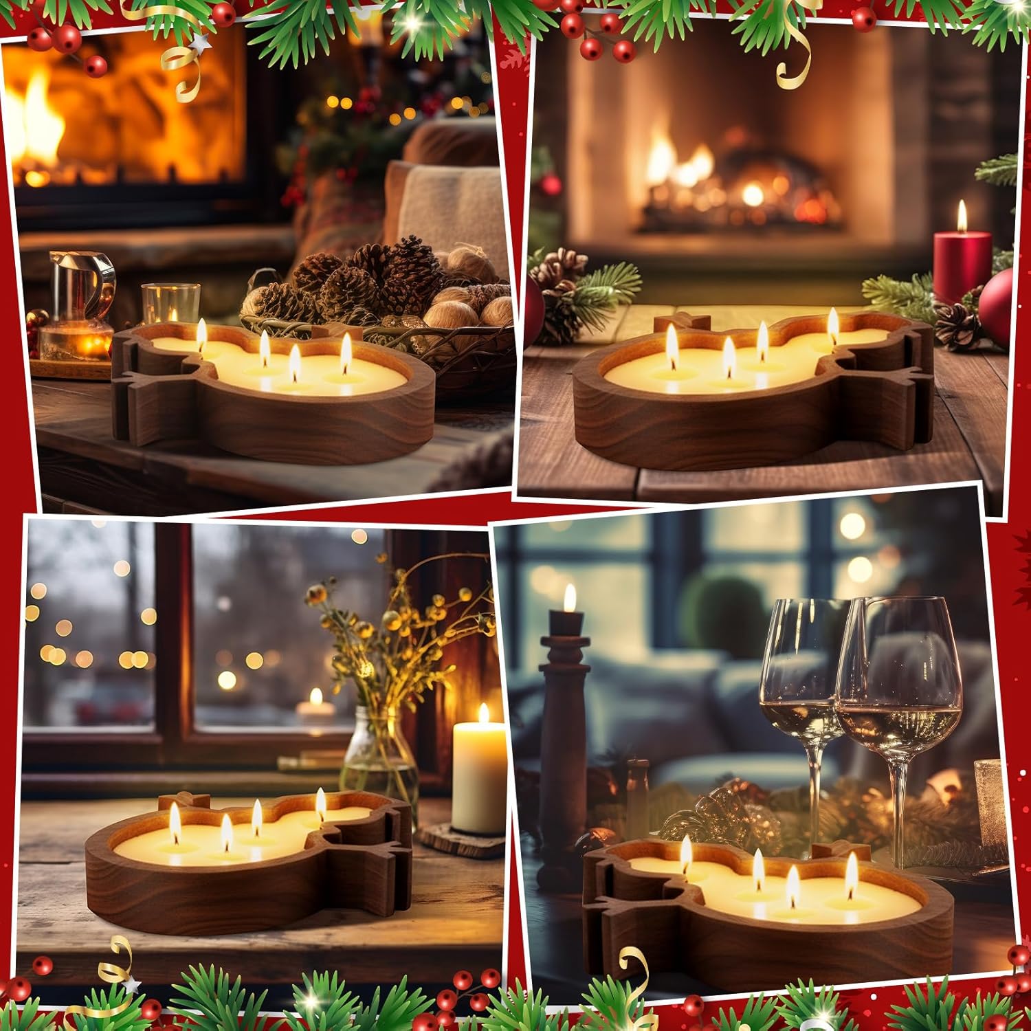 1 Set Wooden Christmas Bowl Candle Gifts 14oz Large Rustic Wood Christmas Dough Bowl Candle with Berries Pine Label for Xmas Farmhouse Table Centerpiece Decor, 11.81 x 9.84 in(Snowman)