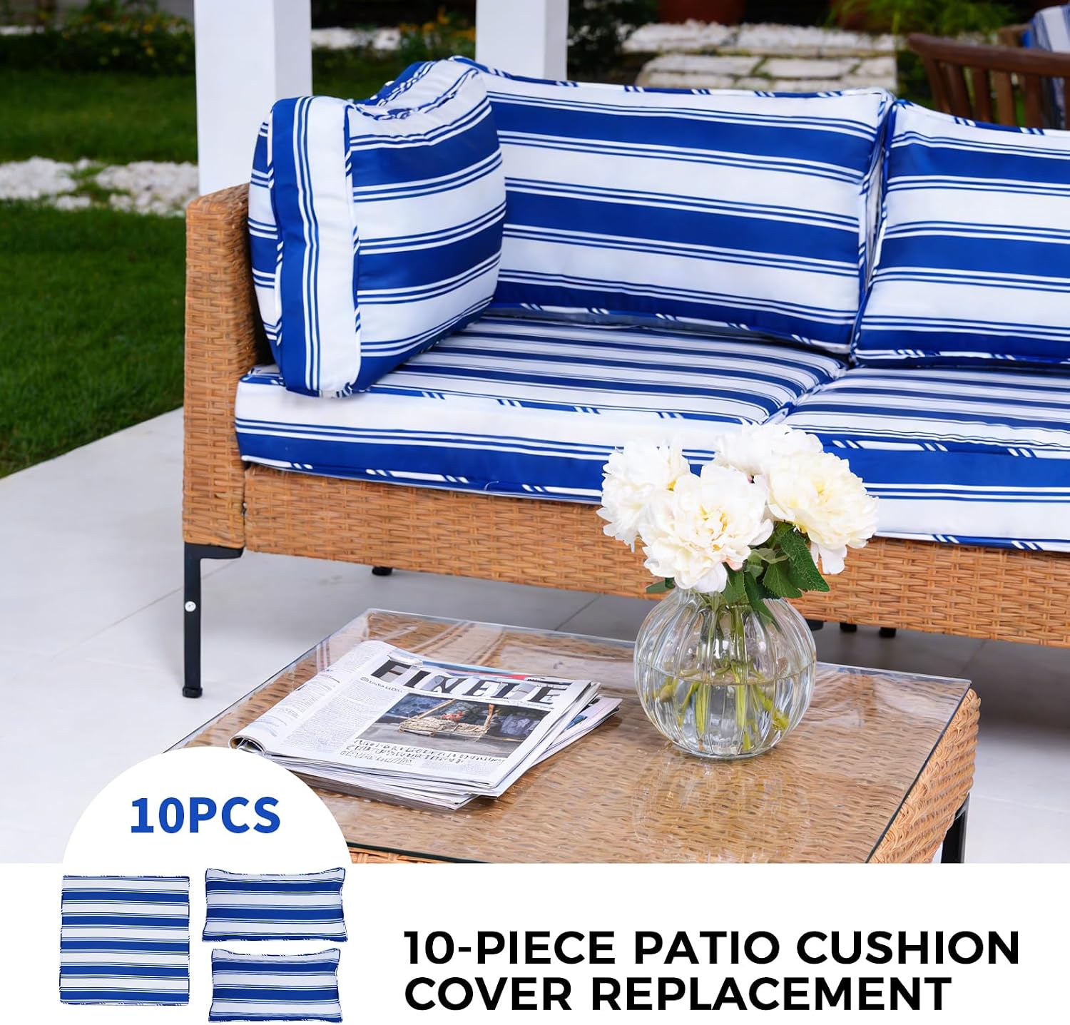 10Pcs Patio Cushion Covers Outdoor Couch Cushions Covers Replacement with Zippers Splashproof Sofa Slipcovers for 4-Seater Sectional Couch Patio Furniture Protector (Cover Only)