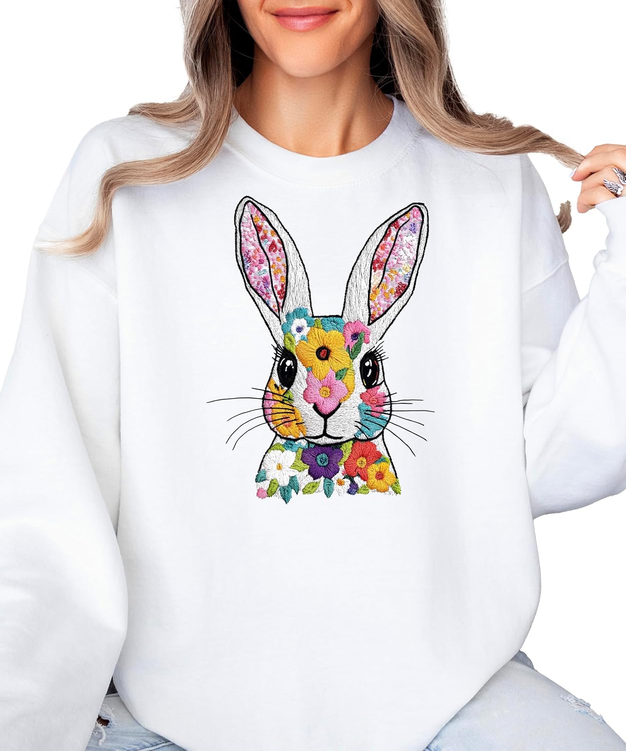Olive Loves Apple Easter Floral Ink Printed Embroidery Sweatshirt for Women & Teens Colorful Pullover