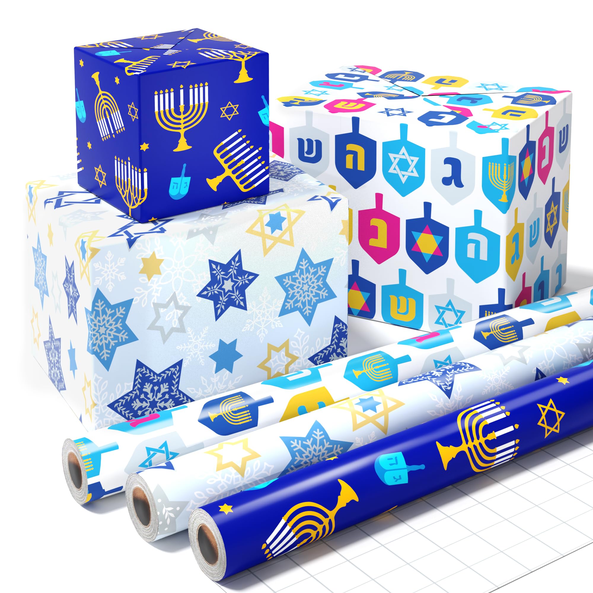 WERNNSAI Metallic Foil Hanukkah Wrapping Paper - 3 x 10 Ft Chanukah
