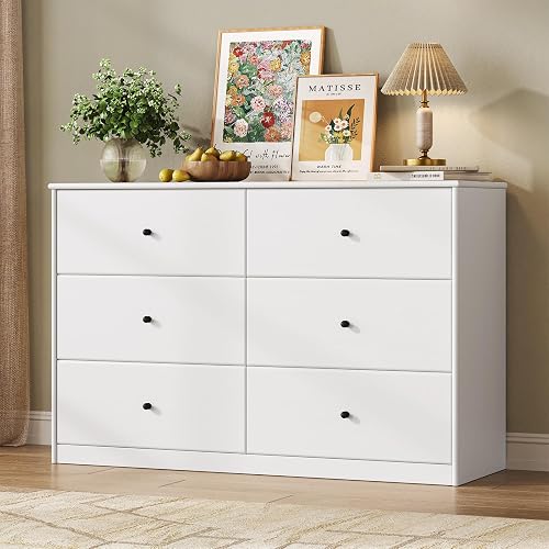 6 Drawer Dresser, 47.2" Wide Dresser for Bedroom, White | Modern Dressers Chest of Drawers, Rounded Curved Profile Design, Dresser TV Stand Wooden Dressers for Bedroom, Closet