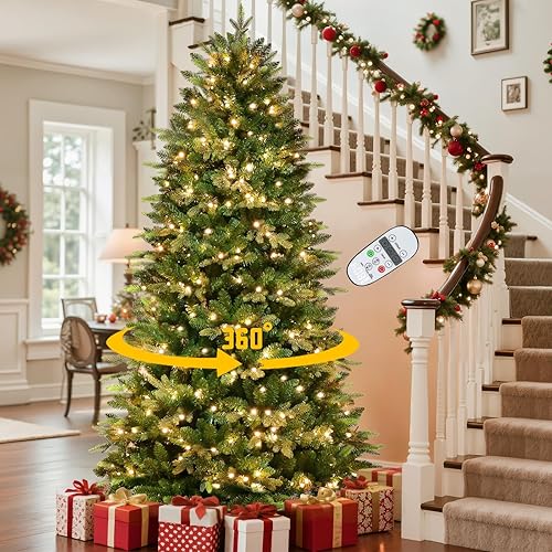 SHareconn 6.5ft Prelit Artificial Classic Spruce Christmas Tree with Rotating Stand Pre-lit 320 Warm White Lights Remote Control, Fir Tree with 1874 Branch Tips, Xmas Decoration, 6.5 FT, Green