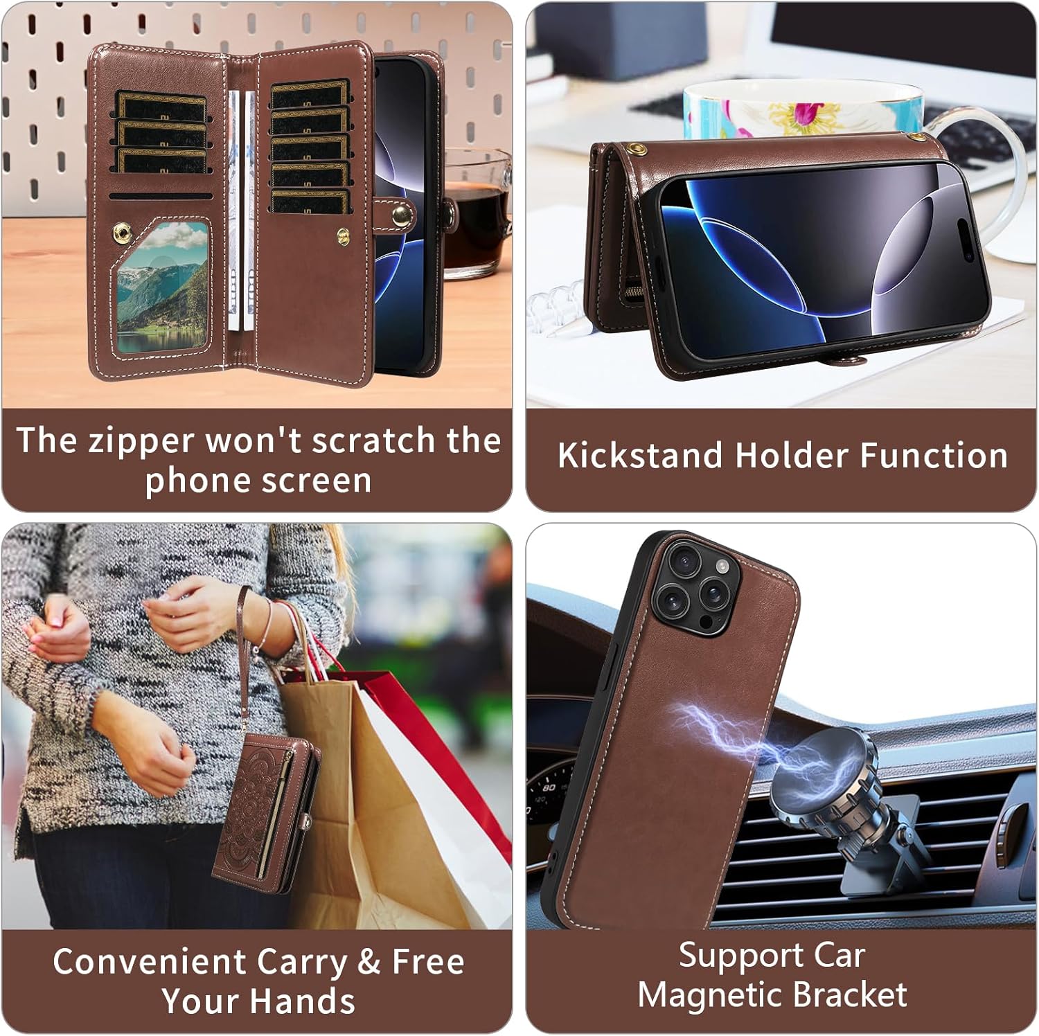 Asuwish Phone Case for iPhone 16 Pro Max 6.9 inch Zipper Wallet Cell Cover with Tempered Glass Screen Protector Wrist Strap Flower Card Holder i Phone16 16Pro i16 ProMax 16ProMax Women Men Girls Brown