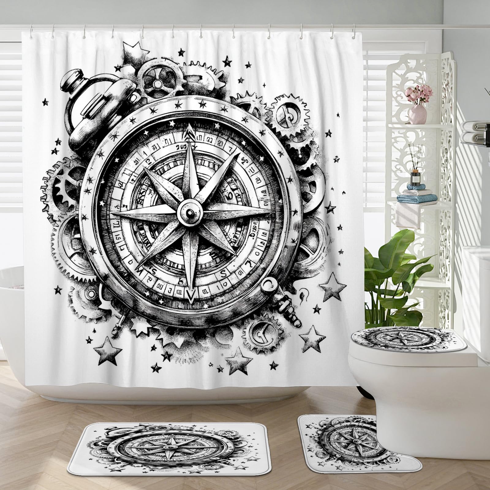 Juego de 4 accesorios de baño con brújula náutica negra con alfombra antideslizante, en forma de U y cubierta de tapa de inodoro, decoración de baño de la industria mecánica, 72 x 72 pulgadas
