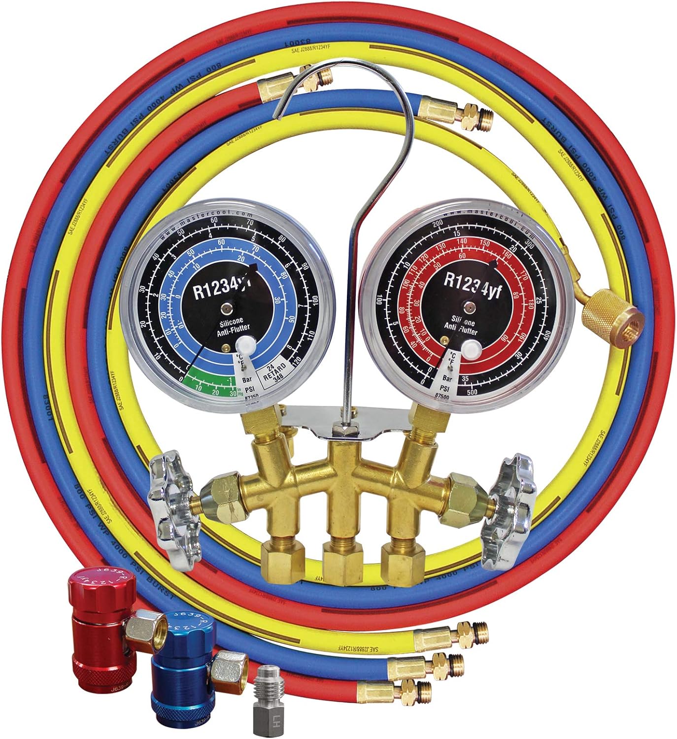 Mastercool 81661 R1234yf Brass Manifold Gauge Set with 60" Hoses, R1234yf Couplers and Vacuum Pump Adapter Fitting