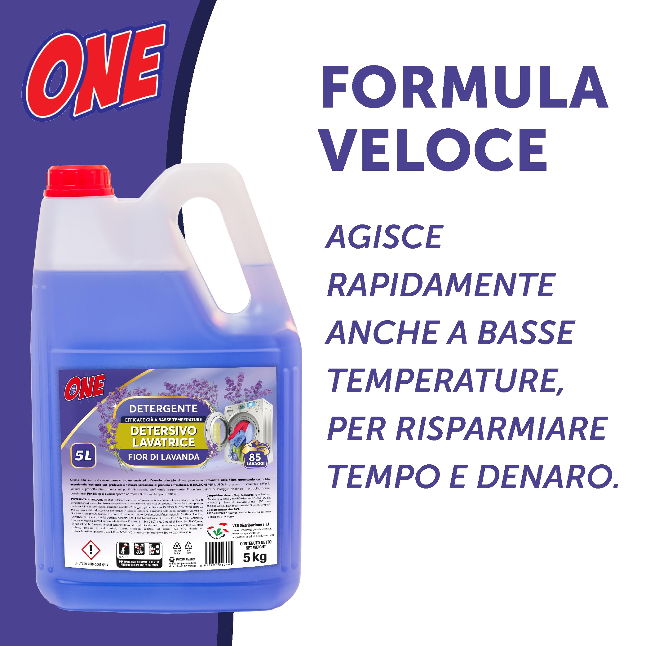 ONE - 20 Litri di detersivo liquido LAVATRICE ai FIOR DI LAVANDA (Pacco con 4 x taniche da 5 lt ciascuna - 85 lavaggi per tanica) - Detergente liquido efficace gia' a basse temperature.