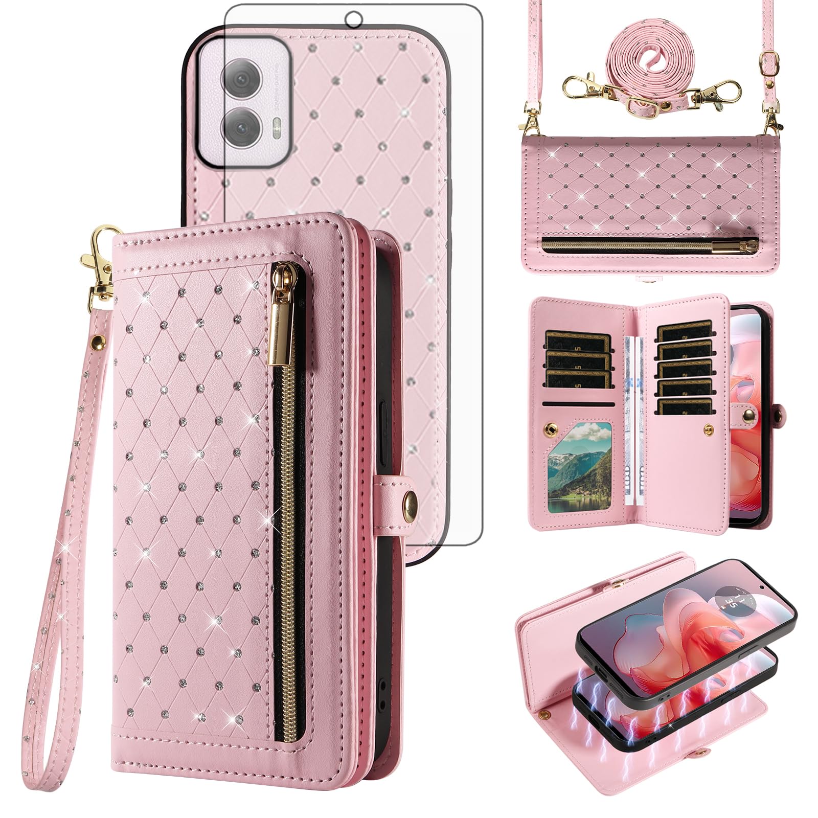 Asuwish Phone Case for Motorola Moto G Power 5G 2024 Zipper Wallet Detachable Magnetic Cell Cover with Tempered Glass Screen Protector Crossbody Strap