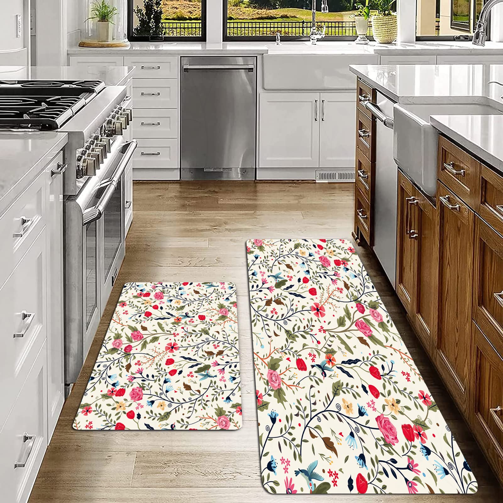 Küchenteppich-Set Mit 2 Stück – Rutschfest, Waschbar, Frühlingsblumen-Design, 43x120 Cm & 43x76 Cm