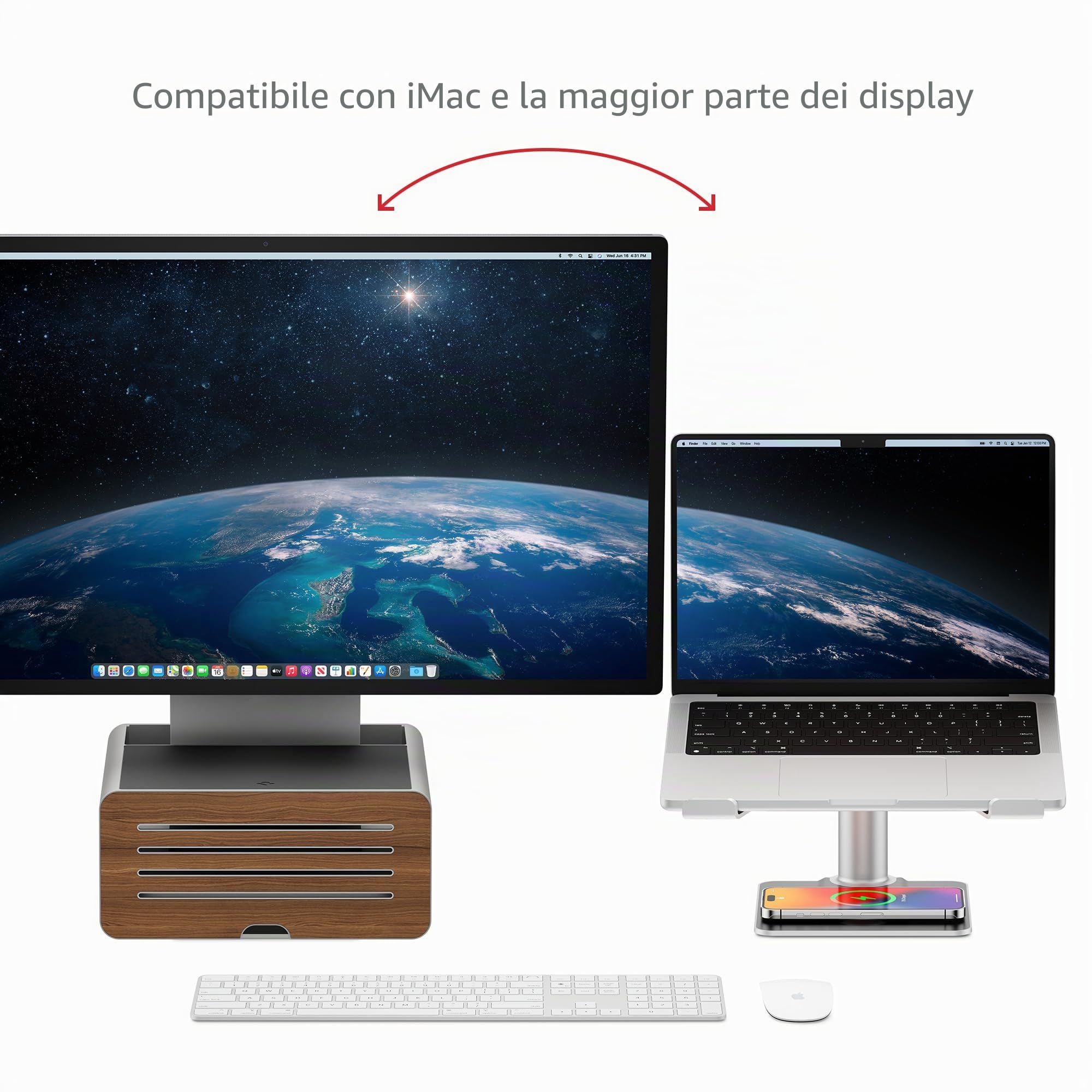 Twelve South HiRise Pro - Supporto regolabile per monitor con contenitore, supporto regolabile per monitor esterni, iMac, PC, Dell, LG, organizer da scrivania, argento
