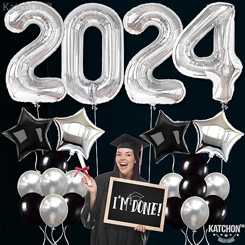 Miniatura 5 de KatchOn Juego de decoraciones de graduación 2024 negras y plateadas, paquete grande de 22  enormes números de globos plateados de 40 pulgadas,